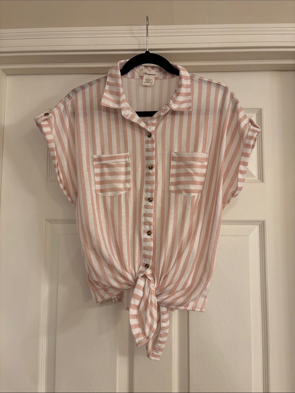 Pink and White Striped Tie-Front Short Sleeve Shirt